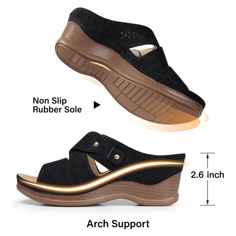 TEMOFON Wedge Sandals for Women Summer: Comfortable Walking Slip on Sandals - Dressy Platform sandals - Black Casual Sandals Size 8 - Image 4