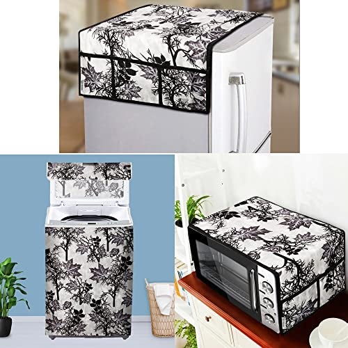 E-Retailer® Exclusive 3-Layered Polyester Combo Set of Appliances Cover (1 Pc. of Fridge Top Cover, 1 Pc. of Microwave Oven Top Cover and 1 Pc. Top Load Washing Machine Cover) (Color-Black, Design-Floral, Set Contains-3 Pcs.) - Image 1