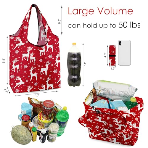 BeeGreen Christmas Reusable Grocery Bags 10 Pack Reusable Shopping Bags Bulk Christmas Gifts Tote Bags with Zipper Storage Pouch Elastic Band Foldable-Machine Washable - Image 2
