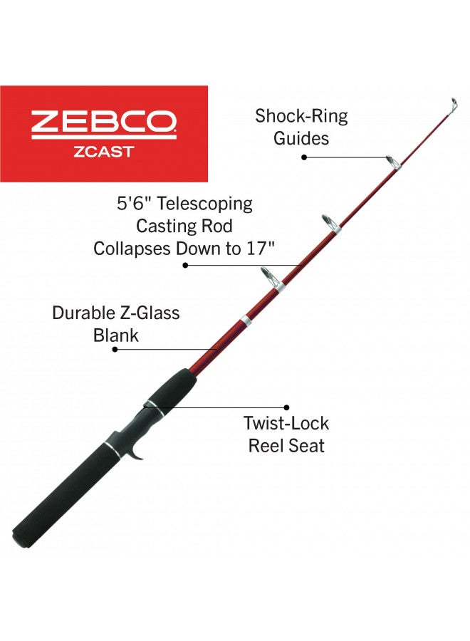 Zebco Z-Cast Casting Fishing Rod, Extendable 17-Inches to 5-Foot 6-Inch Telescopic Durable Z-Glass Fishing Pole, Comfortable EVA Rod Handle, Shock-Ring Guides, Medium Power, Red - Image 1