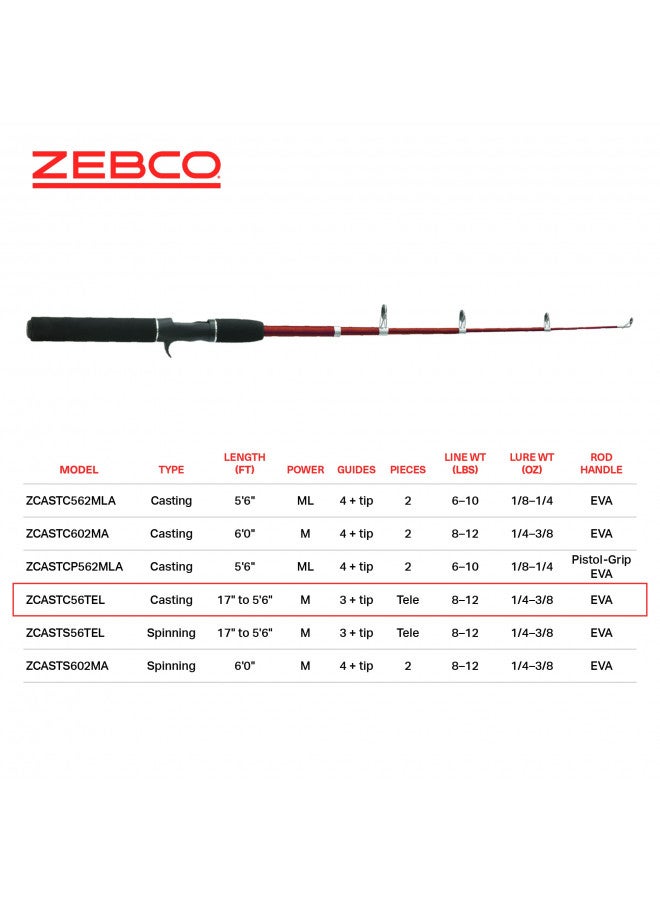 Zebco Z-Cast Casting Fishing Rod, Extendable 17-Inches to 5-Foot 6-Inch Telescopic Durable Z-Glass Fishing Pole, Comfortable EVA Rod Handle, Shock-Ring Guides, Medium Power, Red - Image 4