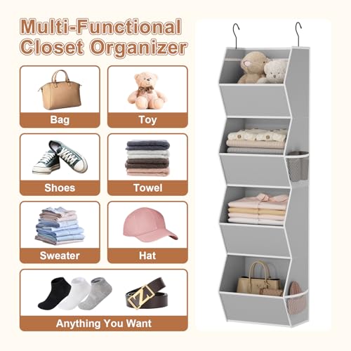 Wawocs Hanging Closet Organizer 4 Shelf Collapsible Bedroom Closet Organizers and Storage Hanging with Mesh Pockets for Clothes, Fabric Hanging Storage Bins for Wardrobe Closet Organization and Storage, Grey - Image 4