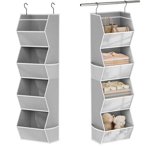 Wawocs Hanging Closet Organizer 4 Shelf Collapsible Bedroom Closet Organizers and Storage Hanging with Mesh Pockets for Clothes, Fabric Hanging Storage Bins for Wardrobe Closet Organization and Storage, Grey - Image 1