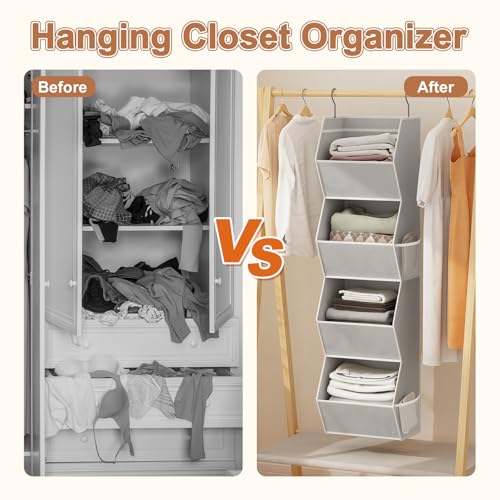 Wawocs Hanging Closet Organizer 4 Shelf Collapsible Bedroom Closet Organizers and Storage Hanging with Mesh Pockets for Clothes, Fabric Hanging Storage Bins for Wardrobe Closet Organization and Storage, Grey - Image 3