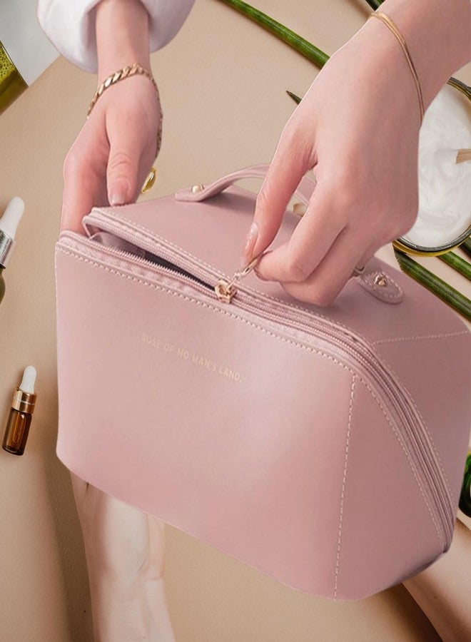 Flywind Leather Waterproof Makeup Bag for Women - Large Capacity Pouches for Women, Cosmetic Makeup Pouch with Compartments - Wide Opening Zipper - Travel Makeup Organizer Kit (Pink) - Image 2