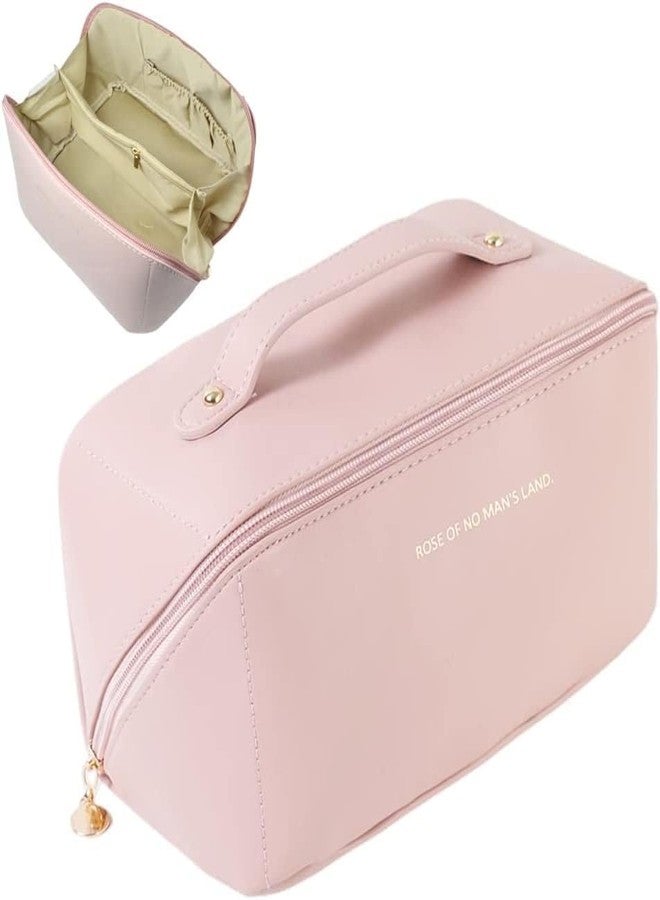 Flywind Leather Waterproof Makeup Bag for Women - Large Capacity Pouches for Women, Cosmetic Makeup Pouch with Compartments - Wide Opening Zipper - Travel Makeup Organizer Kit (Pink) - Image 1