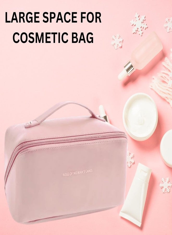 Flywind Leather Waterproof Makeup Bag for Women - Large Capacity Pouches for Women, Cosmetic Makeup Pouch with Compartments - Wide Opening Zipper - Travel Makeup Organizer Kit (Pink) - Image 5