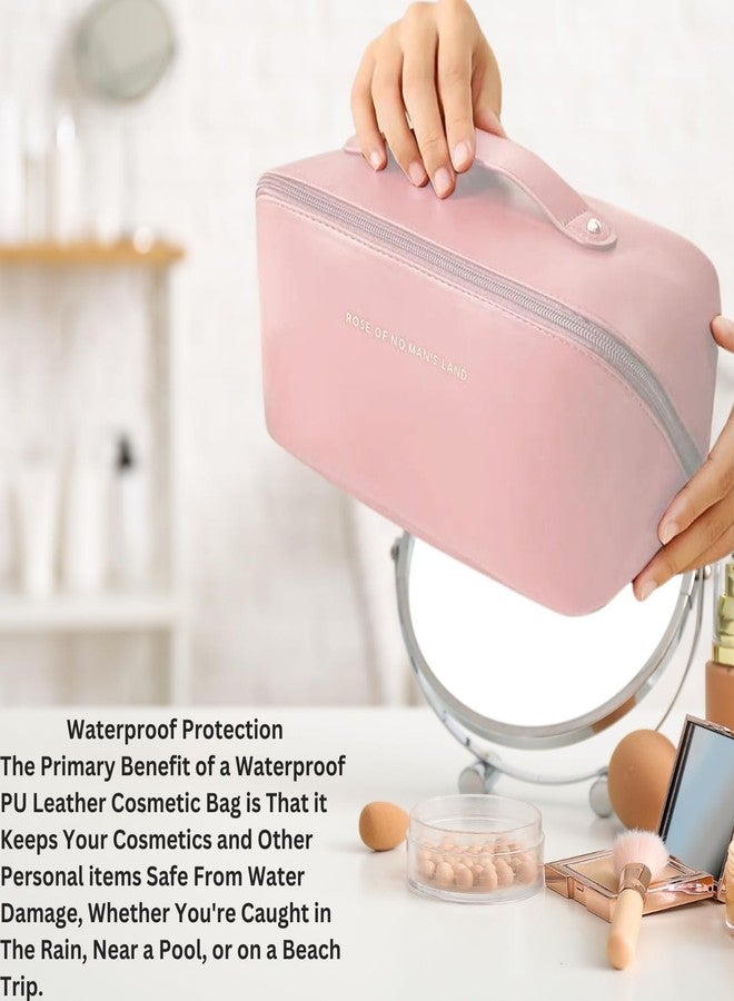 Flywind Leather Waterproof Makeup Bag for Women - Large Capacity Pouches for Women, Cosmetic Makeup Pouch with Compartments - Wide Opening Zipper - Travel Makeup Organizer Kit (Pink) - Image 3