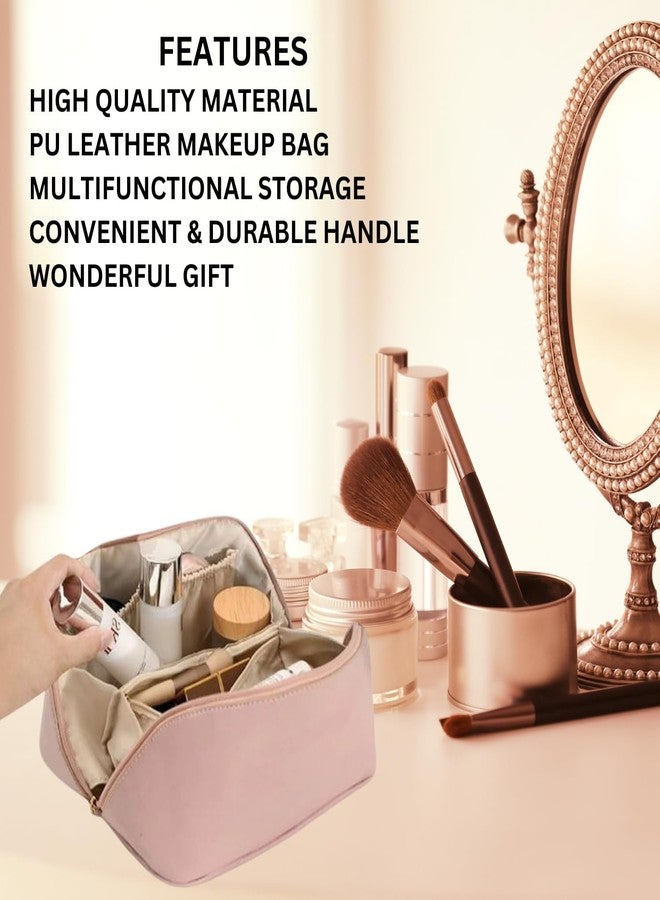 Flywind Leather Waterproof Makeup Bag for Women - Large Capacity Pouches for Women, Cosmetic Makeup Pouch with Compartments - Wide Opening Zipper - Travel Makeup Organizer Kit (Pink) - Image 4