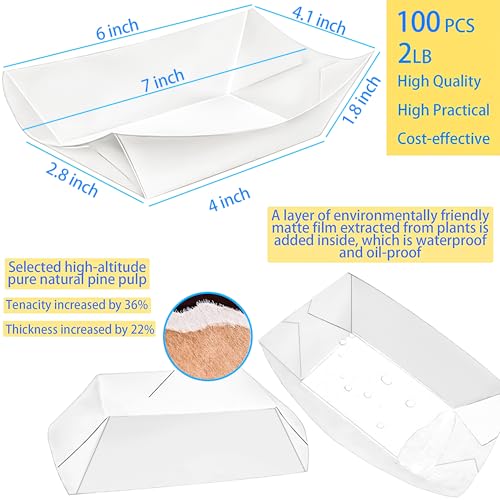 MotBach 100 Pack 2lb Kraft Paper Food Trays, Waterproof Heavy-Duty Paper Food Boats Disposable Serving Baskets Trays for Fries Sandwiches Burgers Hot Dogs Taco BBQ Popcorn Picnic Wedding Party (White) - Image 2