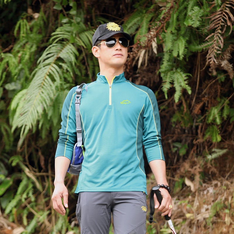 Summer Outdoor Sunscreen Long-sleeved T-shirt Mens and Womens Sports Leisure Half Zipper Shirt Running Couple Training Clothes Quick-drying Clothes male lake blue