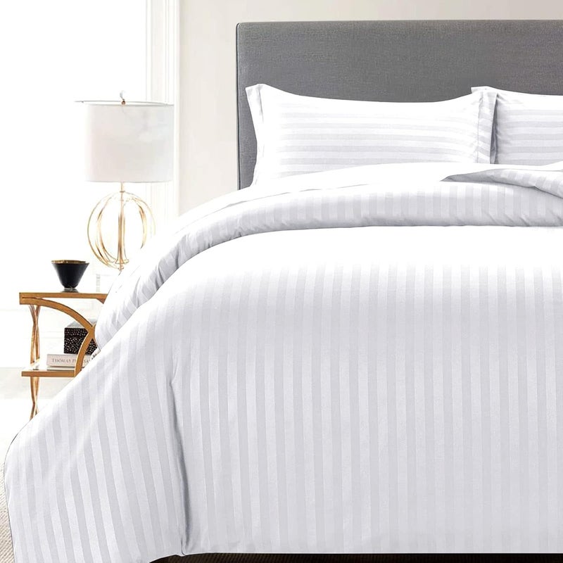 MOONLIGHT20015 Double Duvet Cover Set Hotel Quality Stripes Satin Bedding Double Bed Set with 2 Pillowcases, Reversible Hypoallergenic Soft Breathable Bed Covers (White, Double) - Image 5