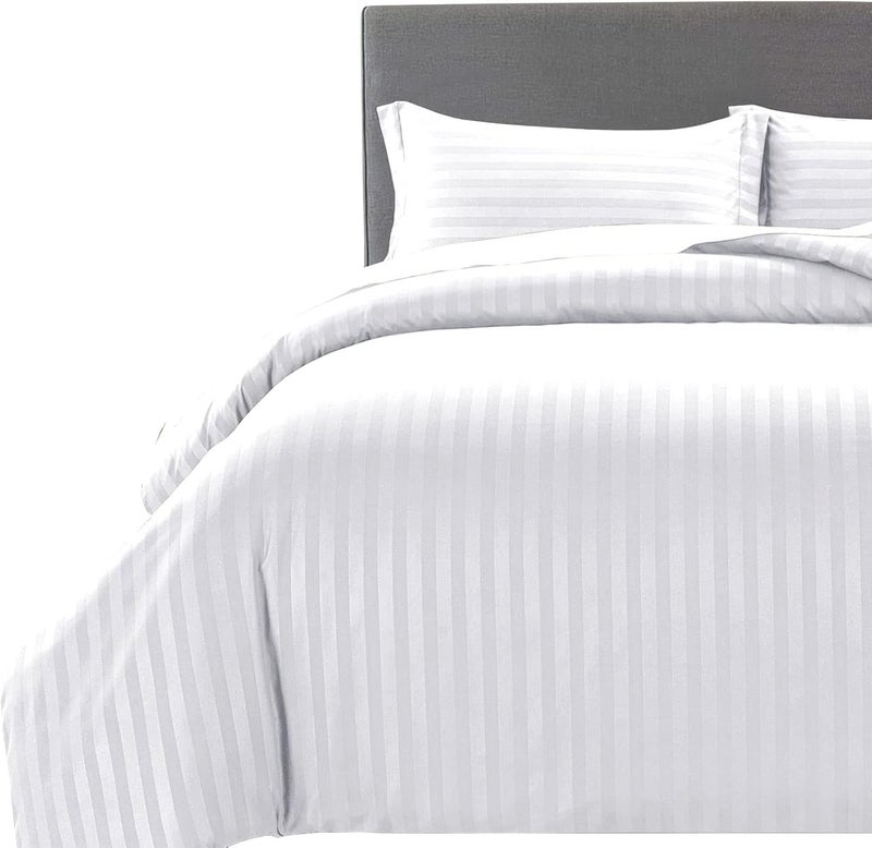MOONLIGHT20015 Double Duvet Cover Set Hotel Quality Stripes Satin Bedding Double Bed Set with 2 Pillowcases, Reversible Hypoallergenic Soft Breathable Bed Covers (White, Double) - Image 1