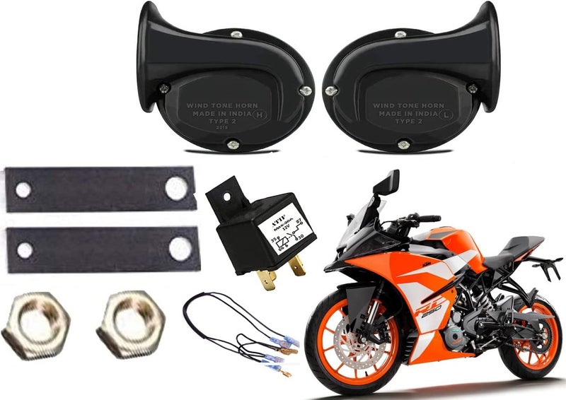 ATIF � BLACK HORN WITH RELAY AND RELAY SUPER BIKE KTM 250 AND 200 windtone Horn Compatible (Pack of 2 Horn) - Image 1