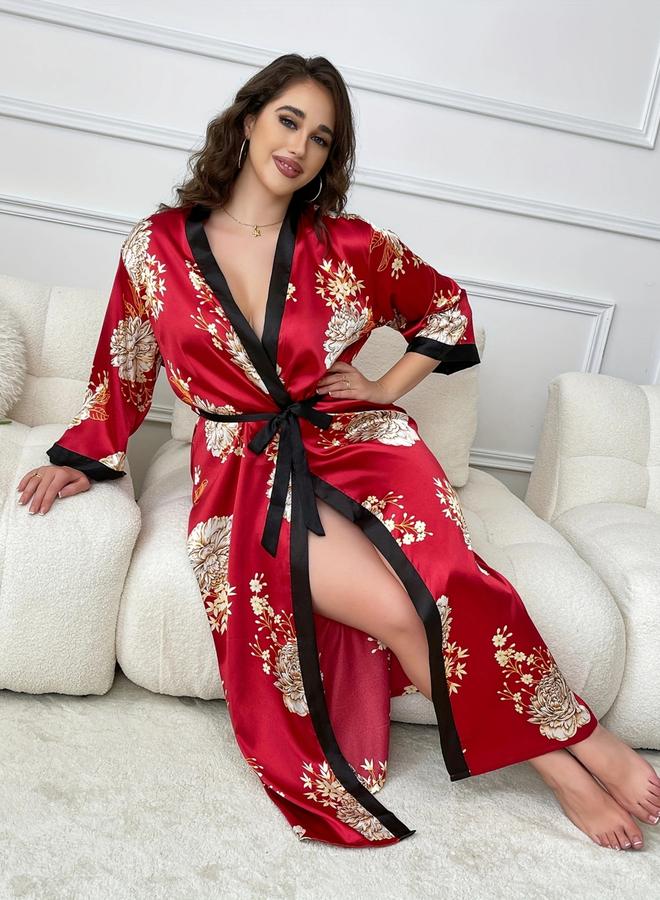 تايك تو روب بطبعة أزهار مع حزام ربط مقاس كبير - Image 4