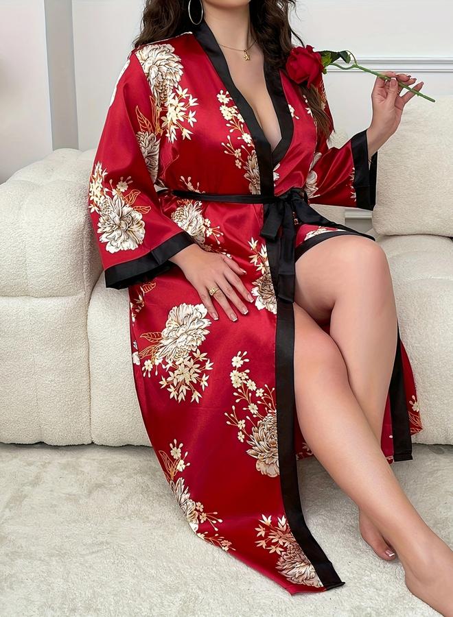 تايك تو روب بطبعة أزهار مع حزام ربط مقاس كبير - Image 2