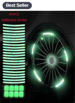 44 PCS Car Wheel Hub Reflective Sticker Night Driving Safety Warning Strip, Glow in The Dark Car Wheel Rim Tape Reflective Stripes Decals Stickers with 8 PCS Luminous Valve Cap,Car Decoration