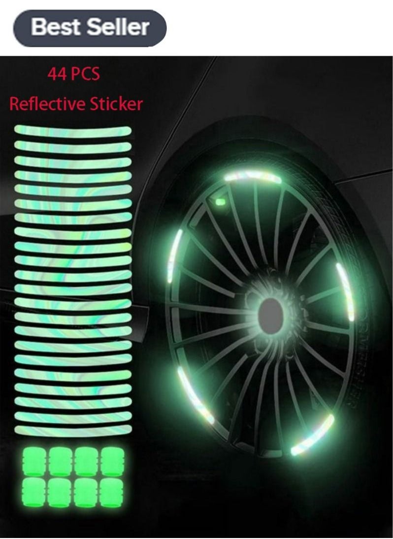 Generic - 44 PCS Car Wheel Hub Reflective Sticker Night Driving Safety Warning Strip, Glow in The Dark Car Wheel Rim Tape Reflective Stripes Decals Stickers with 8 PCS Luminous Valve Cap,Car Decoration - Image 1