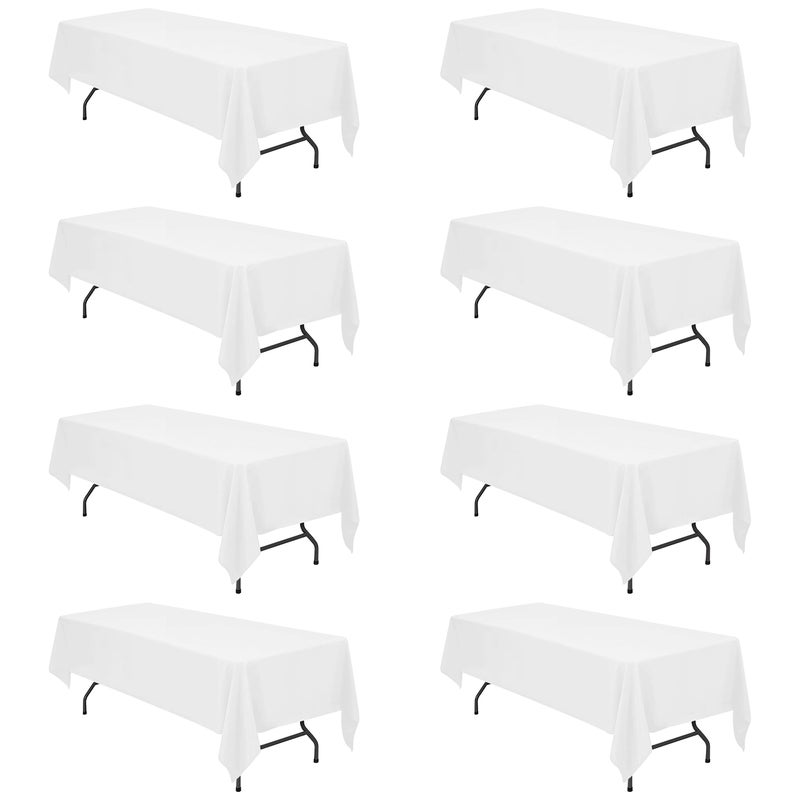 BRILLMAX 8 Pack White Tablecloths for 8 Foot Rectangle Tables 60 x 126 Inch  8ft Rectangular Bulk Linen Polyester Fabric Washable Cloth Cover for Wedding Reception Banquet Birthday Party