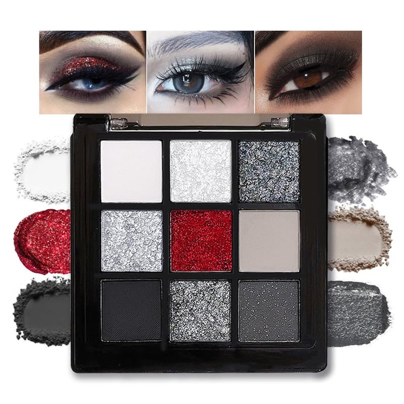 CAKAILA Smokey Black Red Eyeshadow Palette,9 Colors Dark Shimmer Matte Metallic Makeup Pallet,Pigmented Make Up Kit for Halloween Parties Christmas Joker Vampire Clown,Long Lasting Waterproof 