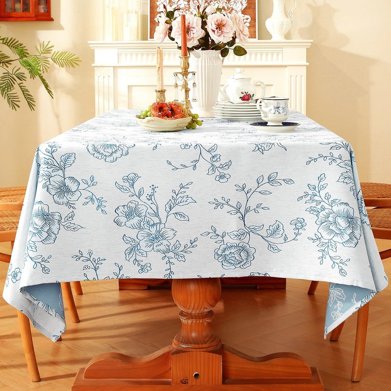 Chassic Premium Vintage Farmhouse Damask Floral 60 x 84 inch Rectangle Table Cloth â€“ Water Resistant Linen Textured Jacquard Tablecloth for Kitchen Dining & Picnic Decor - Blue - Image 1