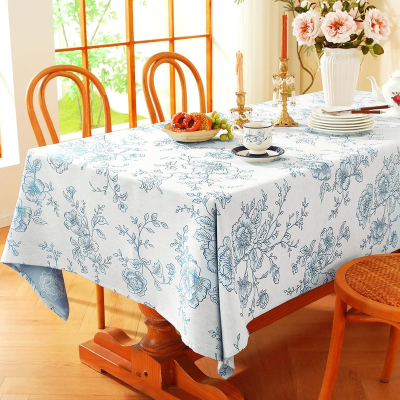 Chassic Premium Vintage Farmhouse Damask Floral 60 x 84 inch Rectangle Table Cloth â€“ Water Resistant Linen Textured Jacquard Tablecloth for Kitchen Dining & Picnic Decor - Blue - Image 4