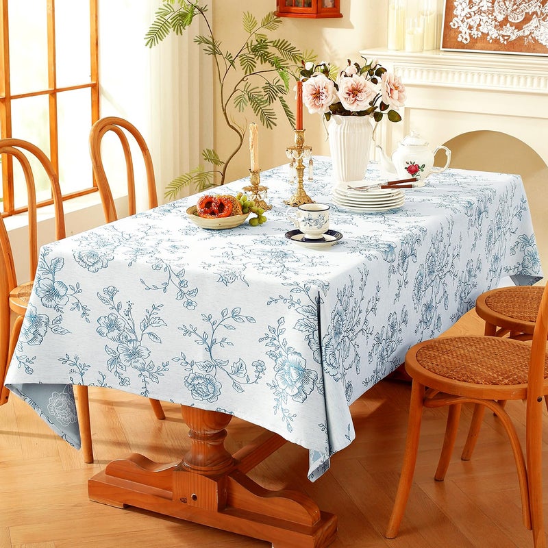 Chassic Premium Vintage Farmhouse Damask Floral 60 x 84 inch Rectangle Table Cloth â€“ Water Resistant Linen Textured Jacquard Tablecloth for Kitchen Dining & Picnic Decor - Blue - Image 2