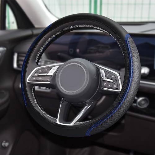 Tecledsn Car Steering Wheel Cover Universal 14515 Inch Black Leather Steering Wheel Wrap with Better Sport Grip for Men Women AntiSlip Breathable Car Interior Accessories for Most Vehicles Black blue2 - Image 1