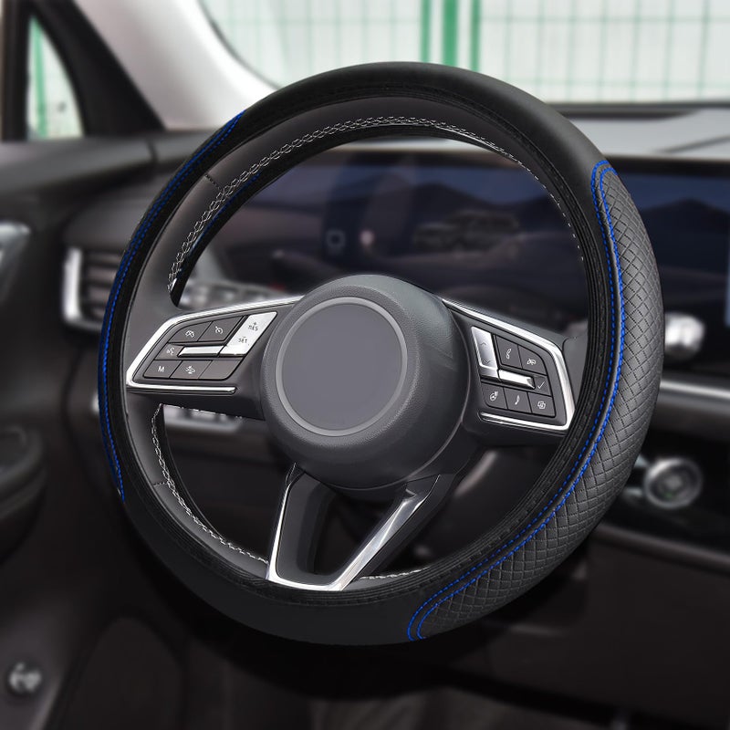 Tecledsn Car Steering Wheel Cover Universal 14515 Inch Black Leather Steering Wheel Wrap with Better Sport Grip for Men Women AntiSlip Breathable Car Interior Accessories for Most Vehicles Black blue2 - Image 3