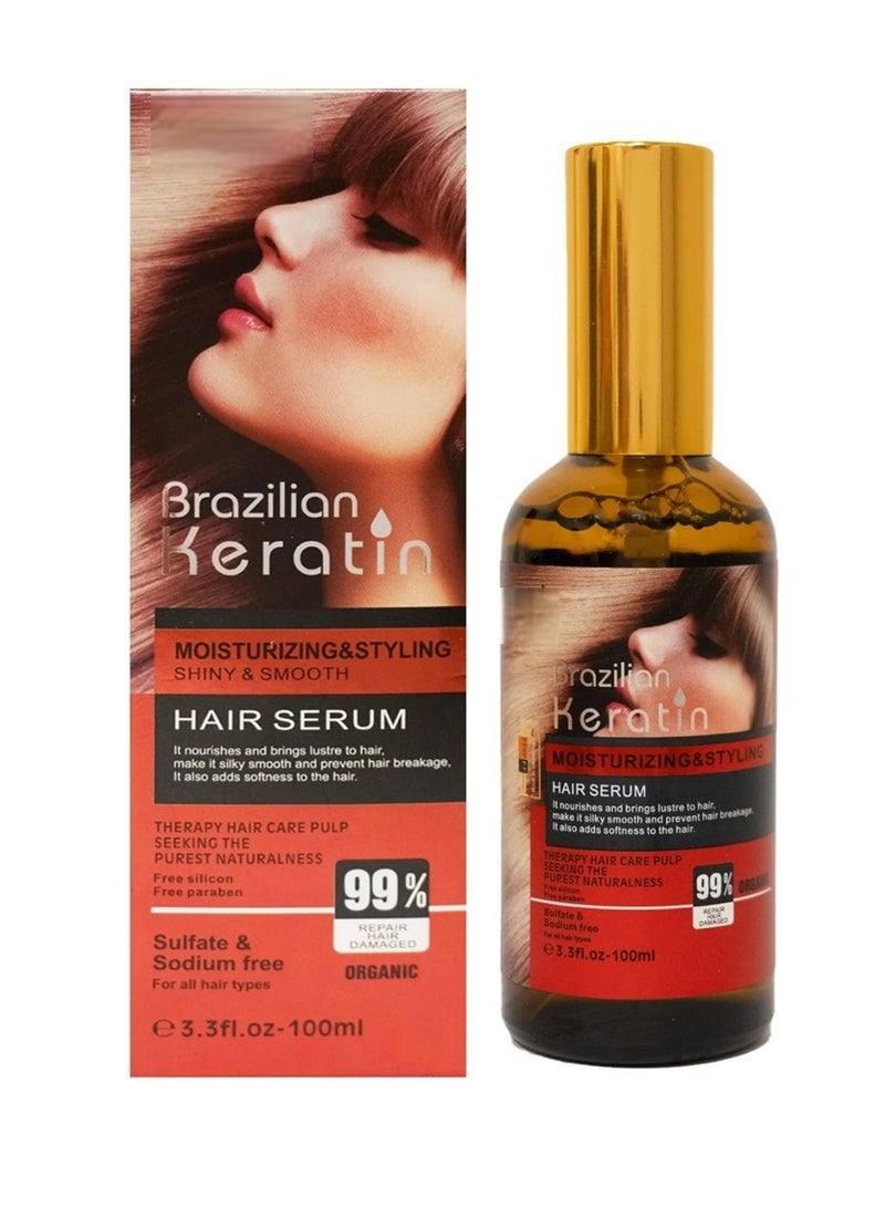 Brazilian Keratin Hair Serum 100ml | Moisturizing & Styling, Shine & Smooth, Frizz Control, Heat Protection for All Hair Types - Image 1