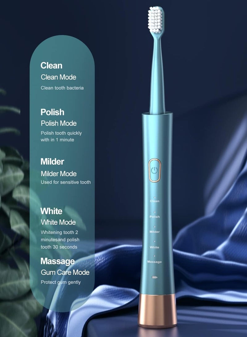USB Rechargeable Sonic Electric Toothbrush for Adults, Powered Motor High Vibration Teeth  Gum Care, Soft Dupont Brush Heads, 2 Minutes Timer 5 Modes, Green - Image 2