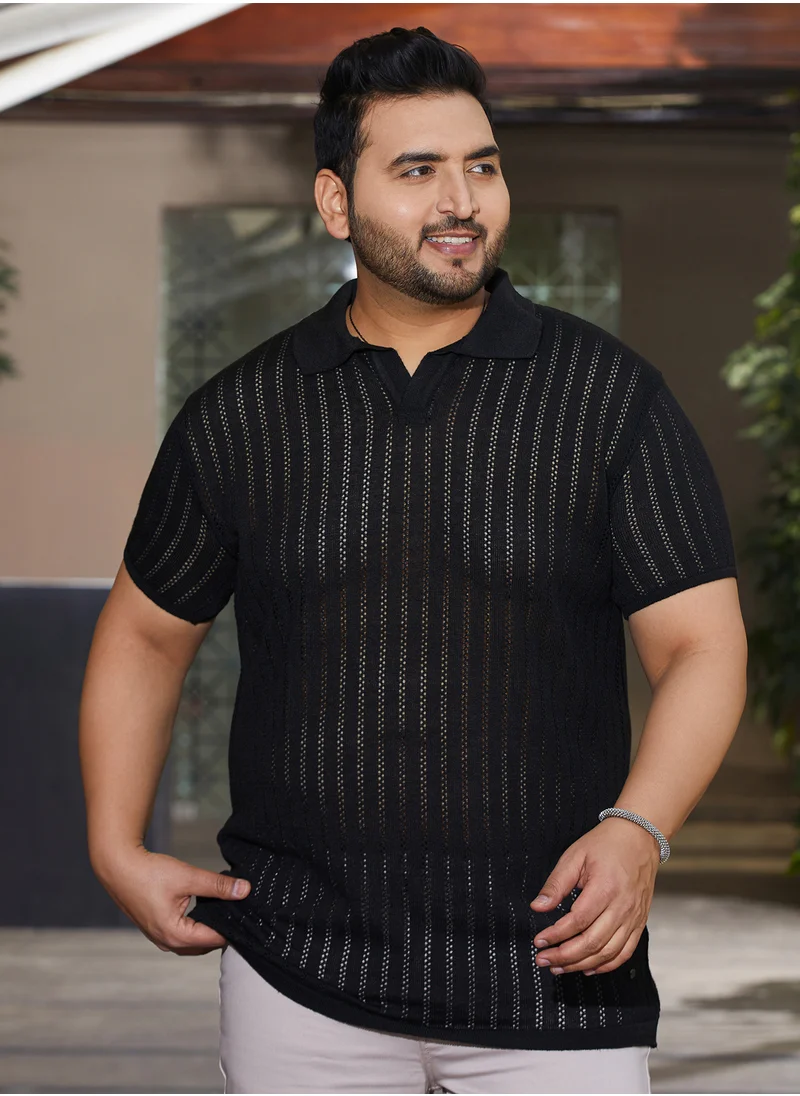 Instafab Plus Instafab Plus Men's Midnight Black Stripe-Textured Polo T-Shirt For Casual Wear | Polo Neck | Short Cuffed Sleeves | Pull On Closure | Plus Size T-Shirt Crafted With Comfort Fit For Everyday Wear