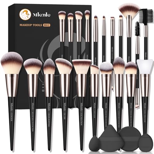 Mlemle Makeup Brushes Set Mlemle Professional 25 Pcs Makeup Kit Include Powder Foundation Concealers Blush Eye shadows 21 Pcs Makeup Brushes and 2 Powder Puff 2 Makeup SpongeB02CreamBlack - Image 1