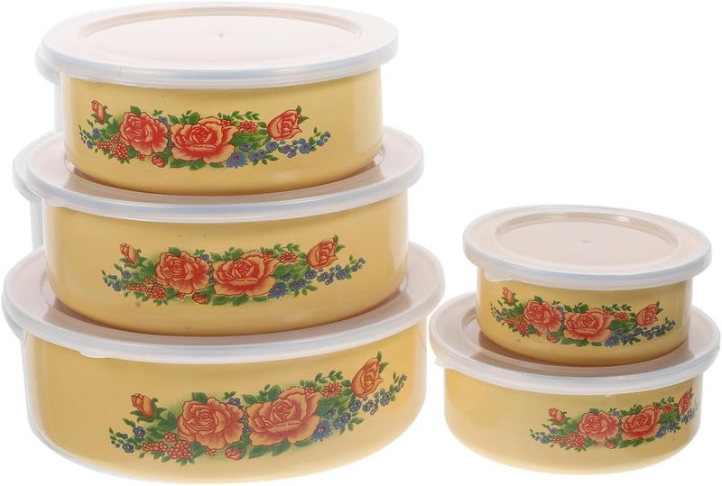 Yardwe مجموعة 5 قطع من أطباق السلطة المينا مع أغطية حاويات تخزين الطعام متعددة الاستخدامات مجموعة أطباق رامين مثالية للمطبخ وحفلات المنزل - Image 1