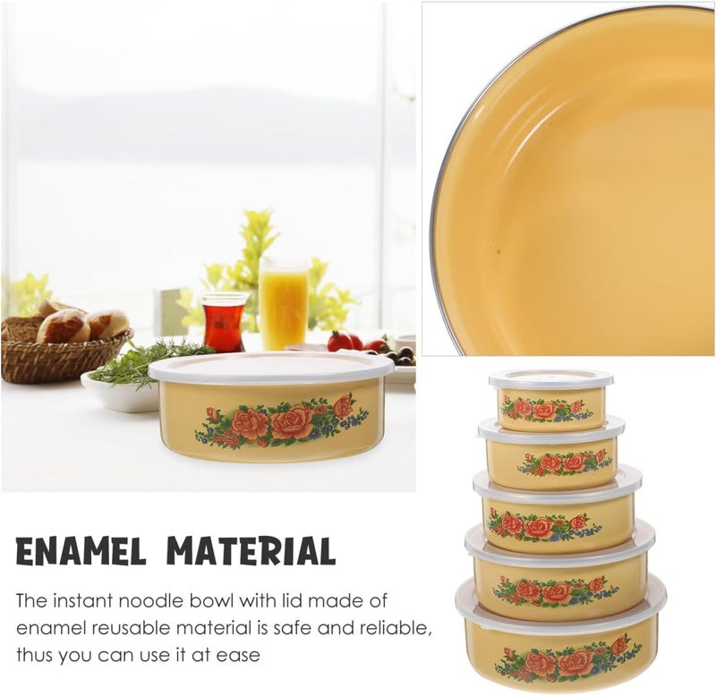 Yardwe مجموعة 5 قطع من أطباق السلطة المينا مع أغطية حاويات تخزين الطعام متعددة الاستخدامات مجموعة أطباق رامين مثالية للمطبخ وحفلات المنزل - Image 2