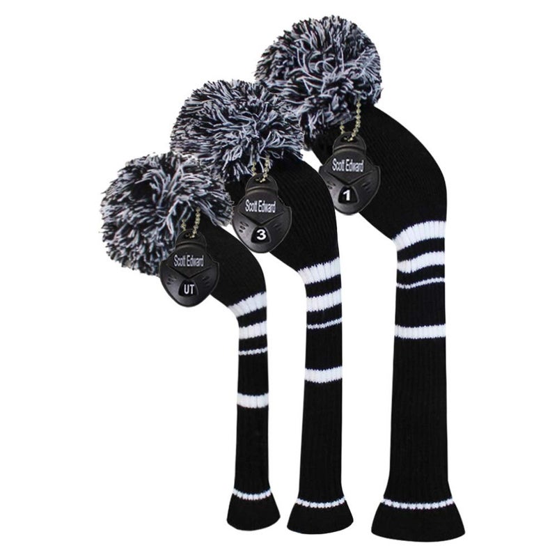 Scott Edward Black Color White Stripes Golf Pom Pom Head Covers Set of 3 for Wood Clubs, Rotating Number Tags - Image 1