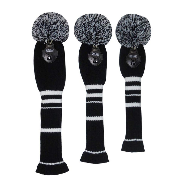 Scott Edward Black Color White Stripes Golf Pom Pom Head Covers Set of 3 for Wood Clubs, Rotating Number Tags - Image 2