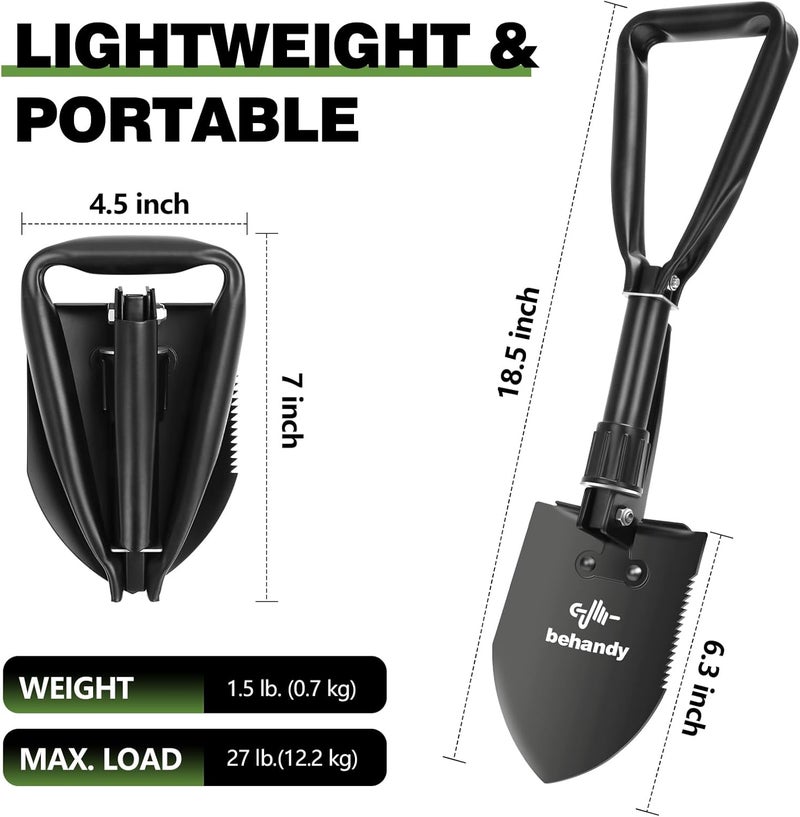 Behandy 18.5" Folding Shovel, Collapsible Shovel for Car Snow, Camping Shovel and Pickax, Military Entrenching Tool for Gardening, Camping, Sand, Off Road, Portable Car Emergency kit - Image 2