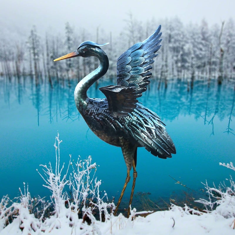 chisheen Crane Garden Statue Sculpture Metal Heron Outdoor Decor Yard Art Bird Decoy for Backyard Pond Patio Porch Lawn Decorations