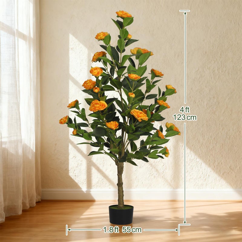 TIMBERHIDE 2-Pack 4FT Artificial Camellia Tree,Realistic Fake Potted Plants with Flowers&Planters,Indoor/Outdoor Faux Flowering Trees for Home,Office,Porch,Wedding,and Housewarming Gift Decor,Orange - Image 2