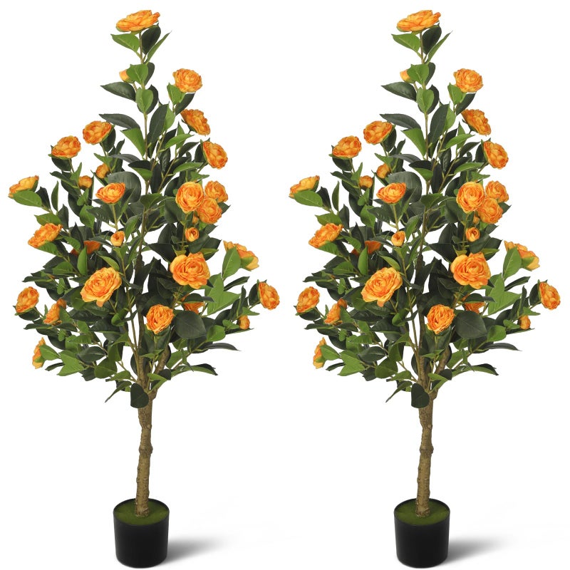 TIMBERHIDE 2-Pack 4FT Artificial Camellia Tree,Realistic Fake Potted Plants with Flowers&Planters,Indoor/Outdoor Faux Flowering Trees for Home,Office,Porch,Wedding,and Housewarming Gift Decor,Orange - Image 1