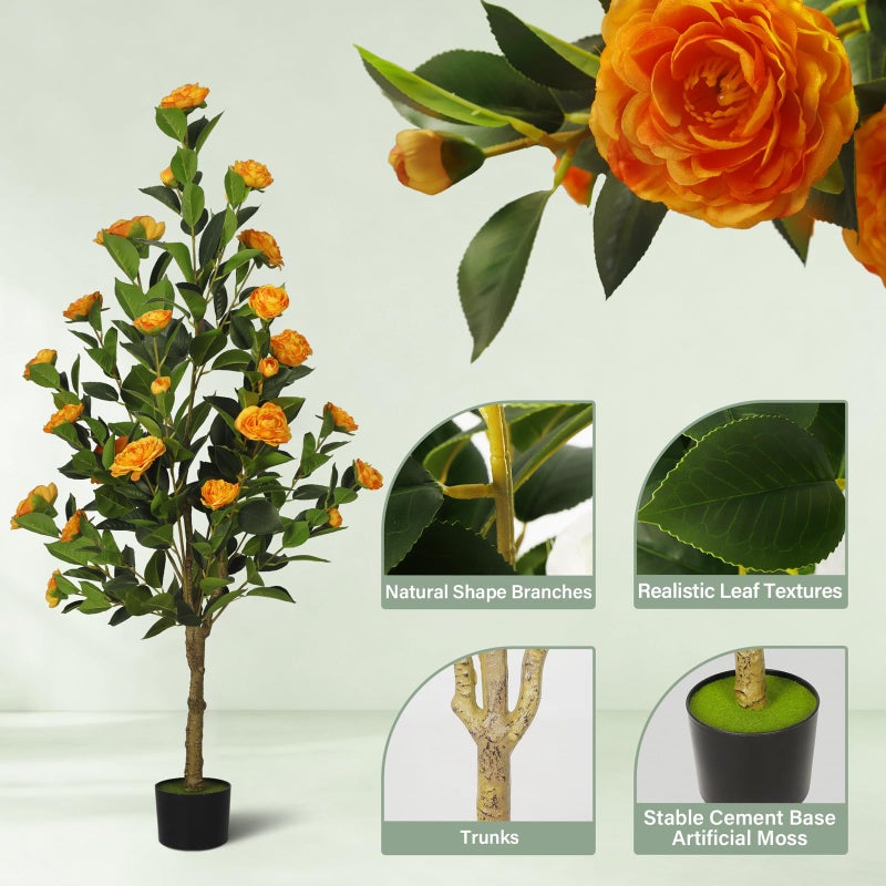 TIMBERHIDE 2-Pack 4FT Artificial Camellia Tree,Realistic Fake Potted Plants with Flowers&Planters,Indoor/Outdoor Faux Flowering Trees for Home,Office,Porch,Wedding,and Housewarming Gift Decor,Orange - Image 3
