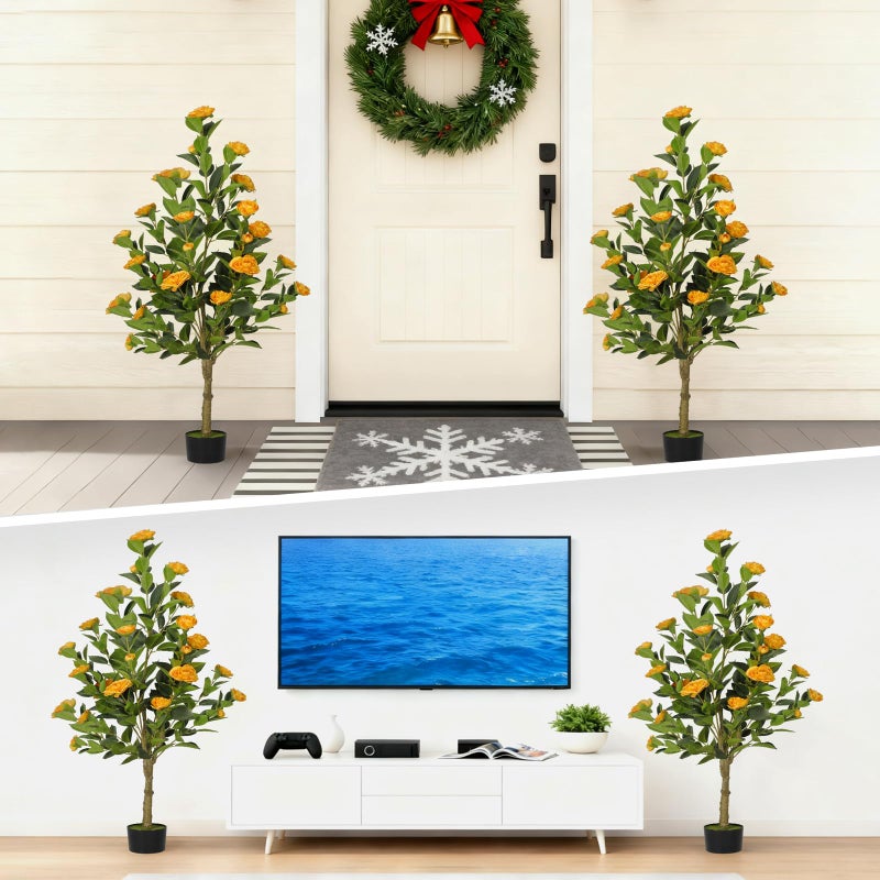 TIMBERHIDE 2-Pack 4FT Artificial Camellia Tree,Realistic Fake Potted Plants with Flowers&Planters,Indoor/Outdoor Faux Flowering Trees for Home,Office,Porch,Wedding,and Housewarming Gift Decor,Orange - Image 5
