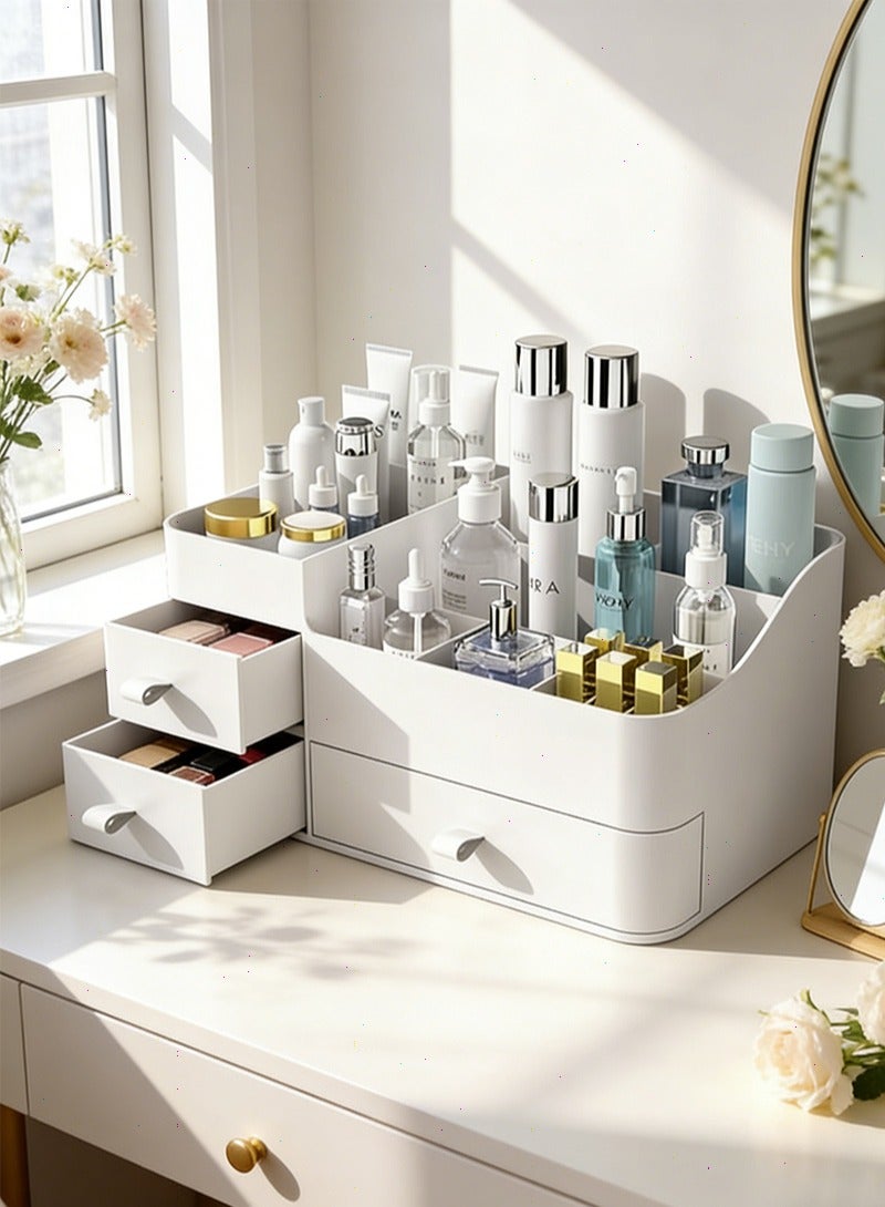 Yoawllty Cosmetic Organizer Storage Box, Makeup Organizer with Drawer, Elegant Vanity Organizer for Bathroom, Bedroom, Office Supplies(White) - Image 1