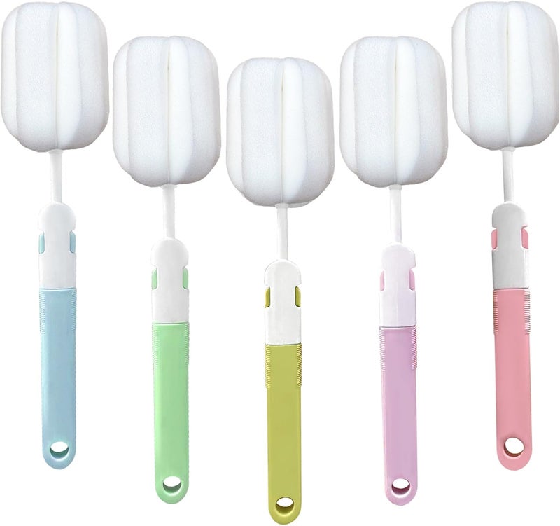 INVODA Spong Bottle Brush 5PCS Cup Brushes Sponge Baby Bottle Brushes Long Handle Cup Scrubber Brush Portable Sponge Cleaning Brush 5 PCS - Image 1