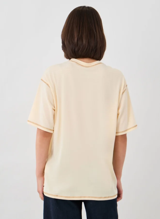 Take Two Solid Round Neck T-Shirt with Contrast Stitching Detail
