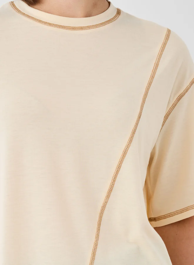 Take Two Solid Round Neck T-Shirt with Contrast Stitching Detail