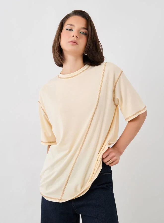 Take Two Solid Round Neck T-Shirt with Contrast Stitching Detail