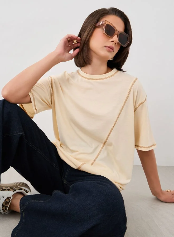 Take Two Solid Round Neck T-Shirt with Contrast Stitching Detail