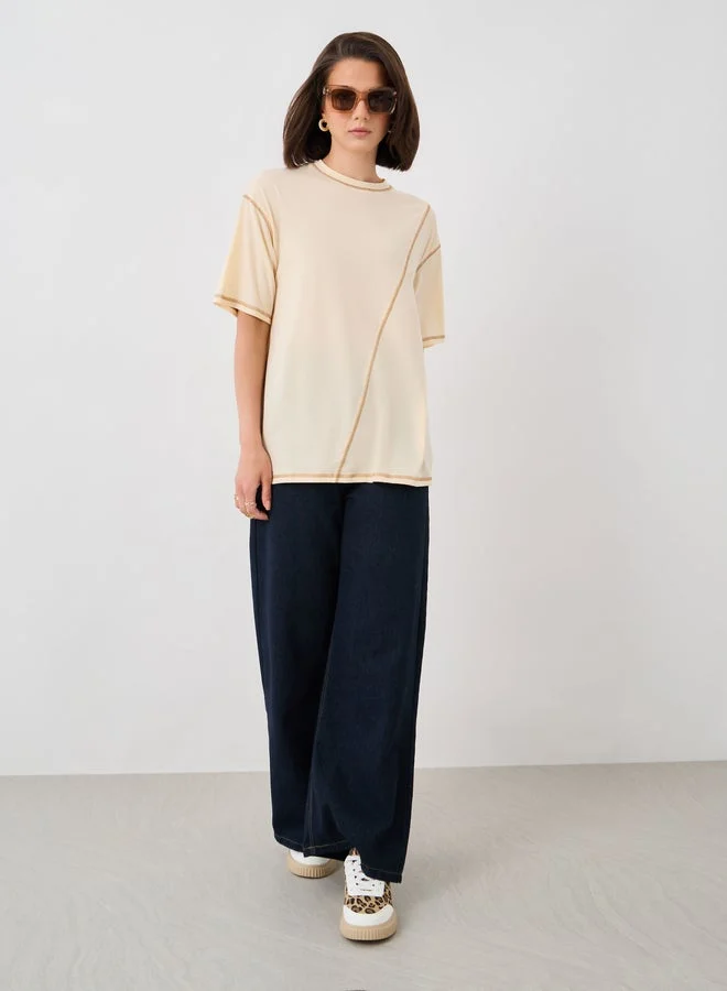 Take Two Solid Round Neck T-Shirt with Contrast Stitching Detail